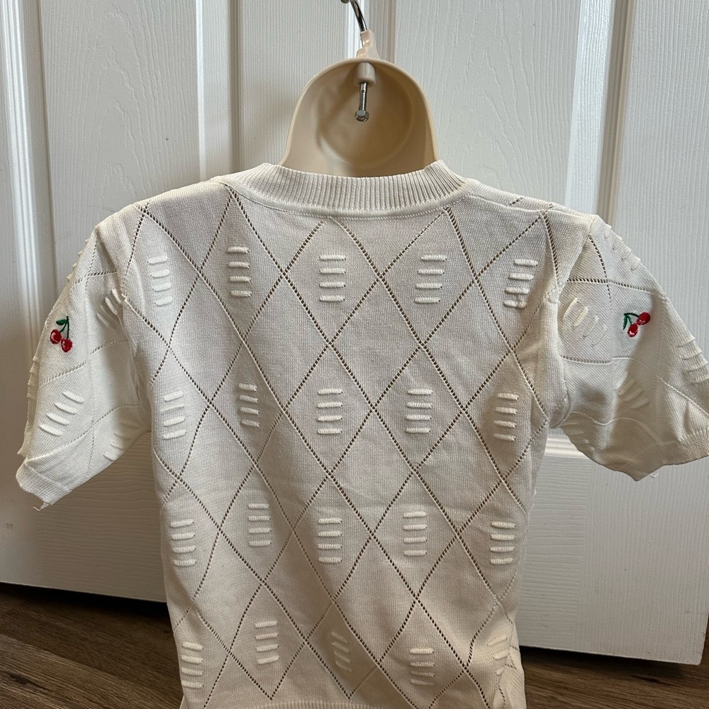 Cherry Patterned White Knit Top - image 3